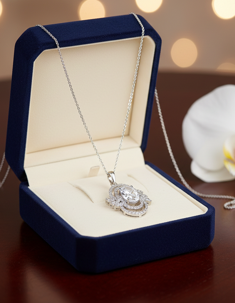 Dazzling Oval CZ Halo Pendant Necklace with Floral Accents