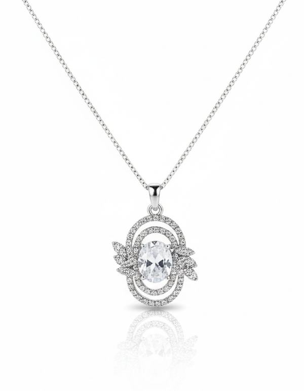 Dazzling Oval CZ Halo Pendant Necklace with Floral Accents