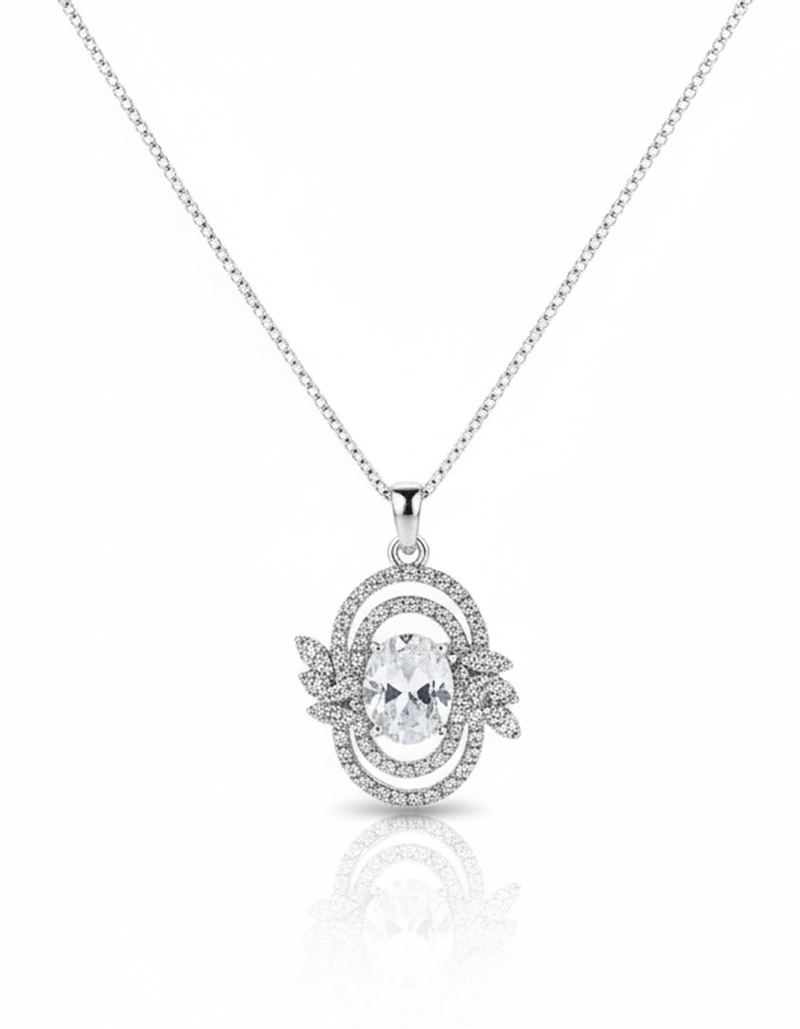 Dazzling Oval CZ Halo Pendant Necklace with Floral Accents