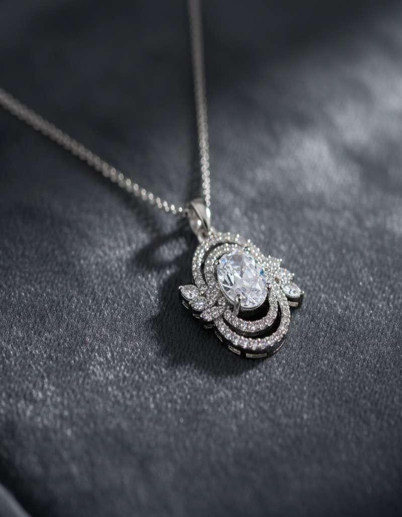 Dazzling Oval CZ Halo Pendant Necklace with Floral Accents