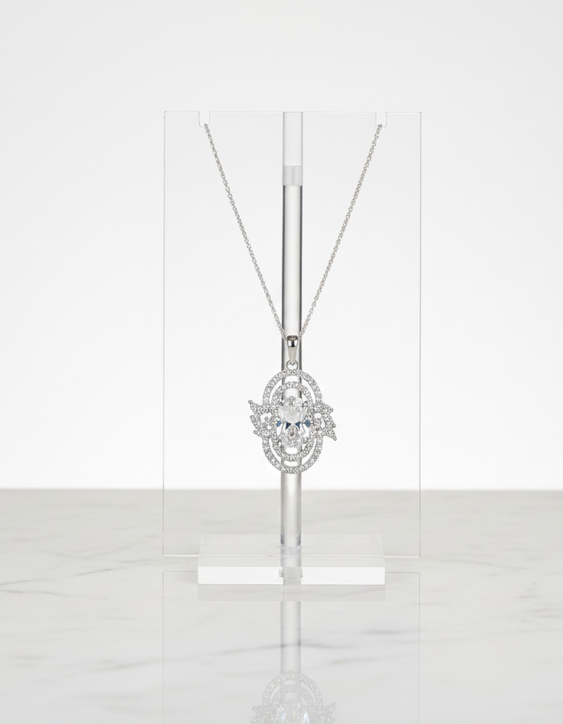 Dazzling Oval CZ Halo Pendant Necklace with Floral Accents