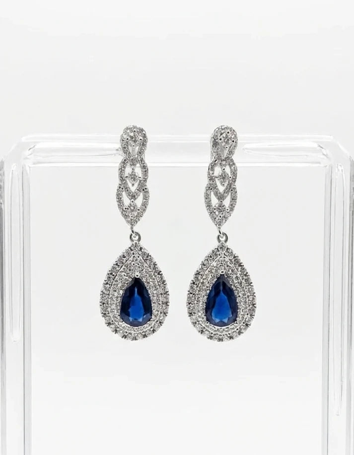 Navy Blue Teardrop Double Halo Crystal Drop Earrings Silver Tone Formal Evening Bridal Wear Rose Dew