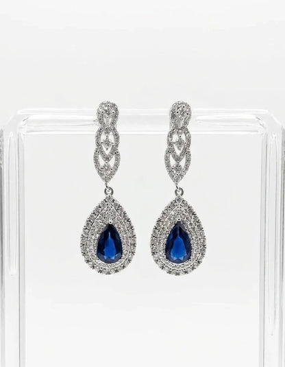 Navy Blue Teardrop Double Halo Crystal Drop Earrings Silver Tone Formal Evening Bridal Wear Rose Dew