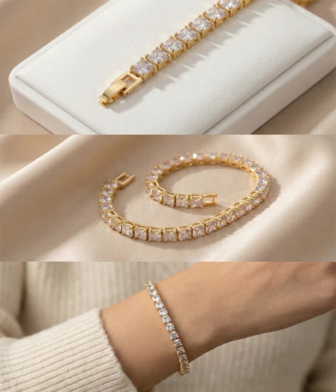 Rose Dew Princess Cut Cubic Zirconia Gold Tennis Bracelet Four Prong Setting Evening Wear Gifting Pakistan