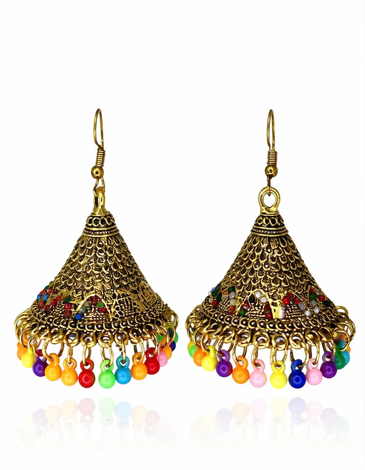 Multicolor Bead Tassel Filigree Antique Gold Jhumka Earrings Vibrant Rainbow Fringe Ethnic Wear Rose Dew Pakistan