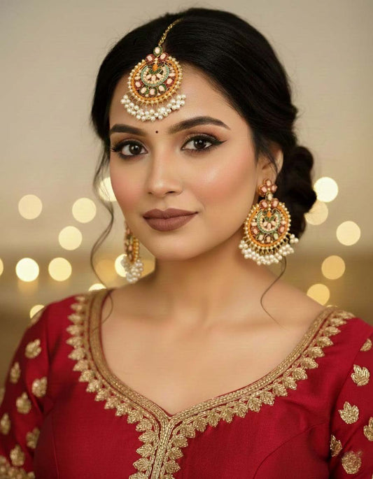 Woman wearing traditional jewelry and a red outfit with gold embroidery against a bokeh light background