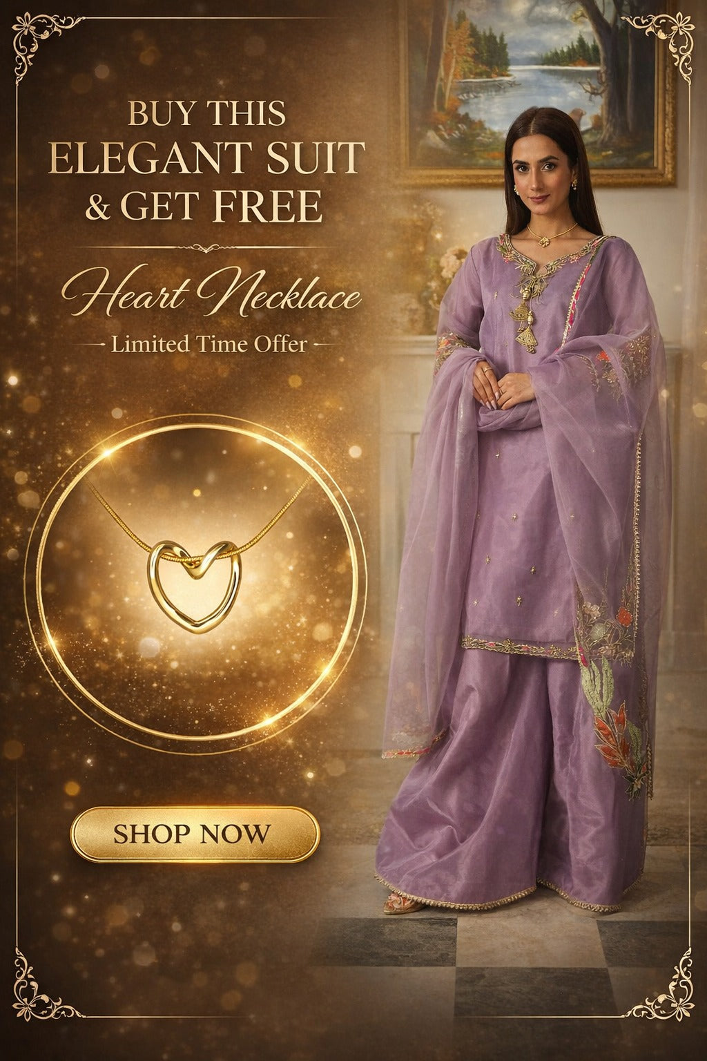 Woman in a purple suit with a heart necklace offer on a decorative background