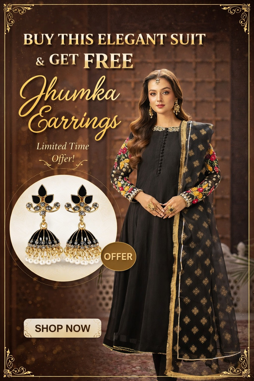 Woman in an elegant suit with Jhumka earrings, promotional offer on a brown background