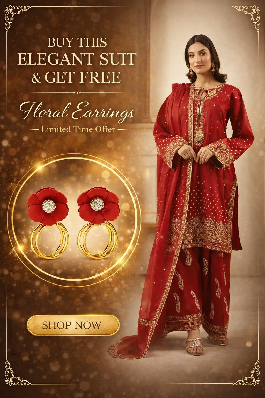 Woman in a red traditional suit with floral earrings on a promotional background