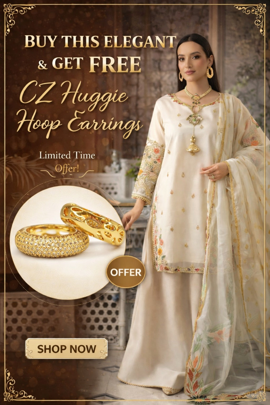 Woman in traditional outfit with CZ Huggie Hoop Earrings offer on a decorative background