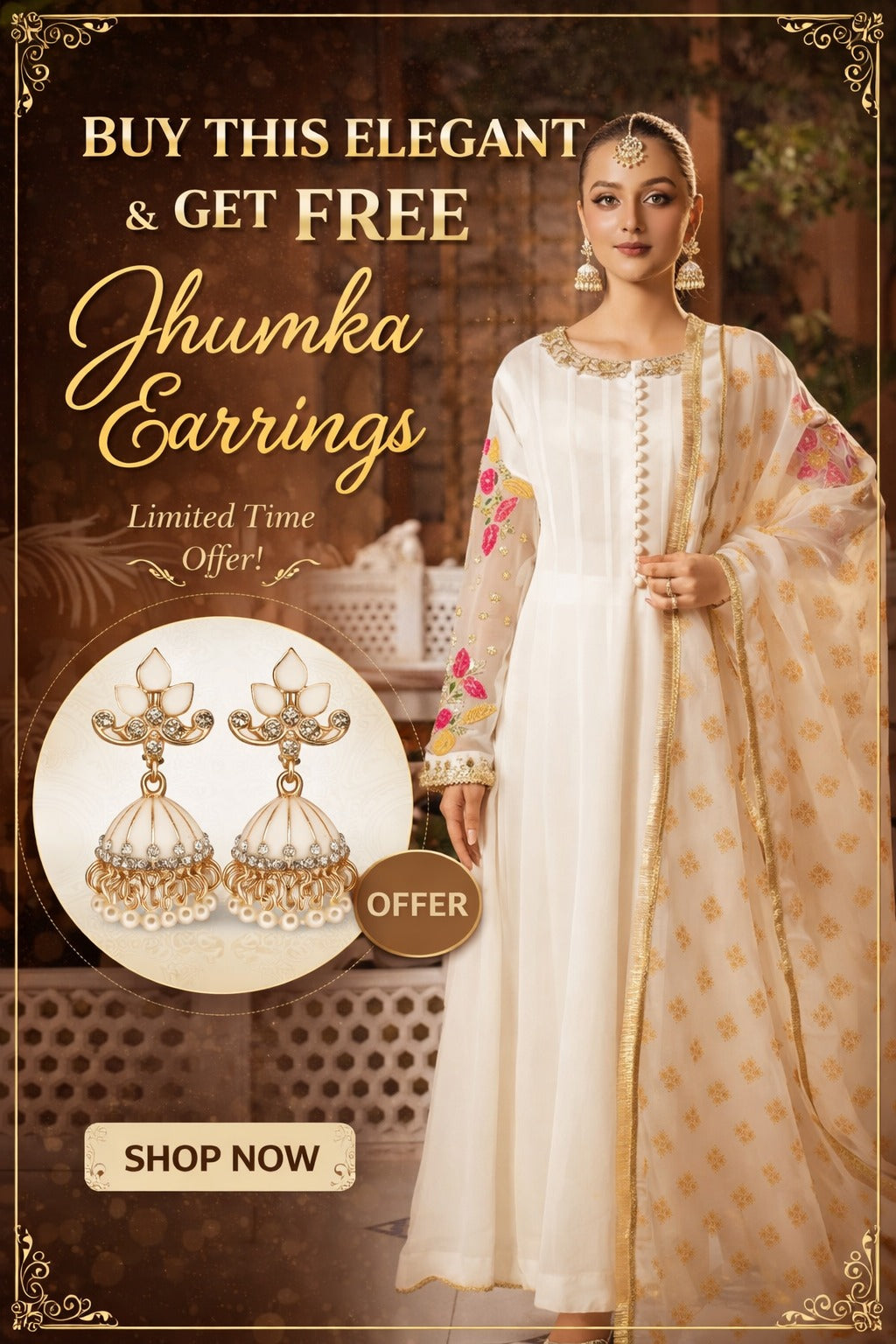 Woman in traditional outfit with Jhumka earrings offer text and illustration