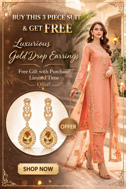 Promotional advertisement for a 3-piece suit with free gold drop earrings, featuring a woman in traditional attire.