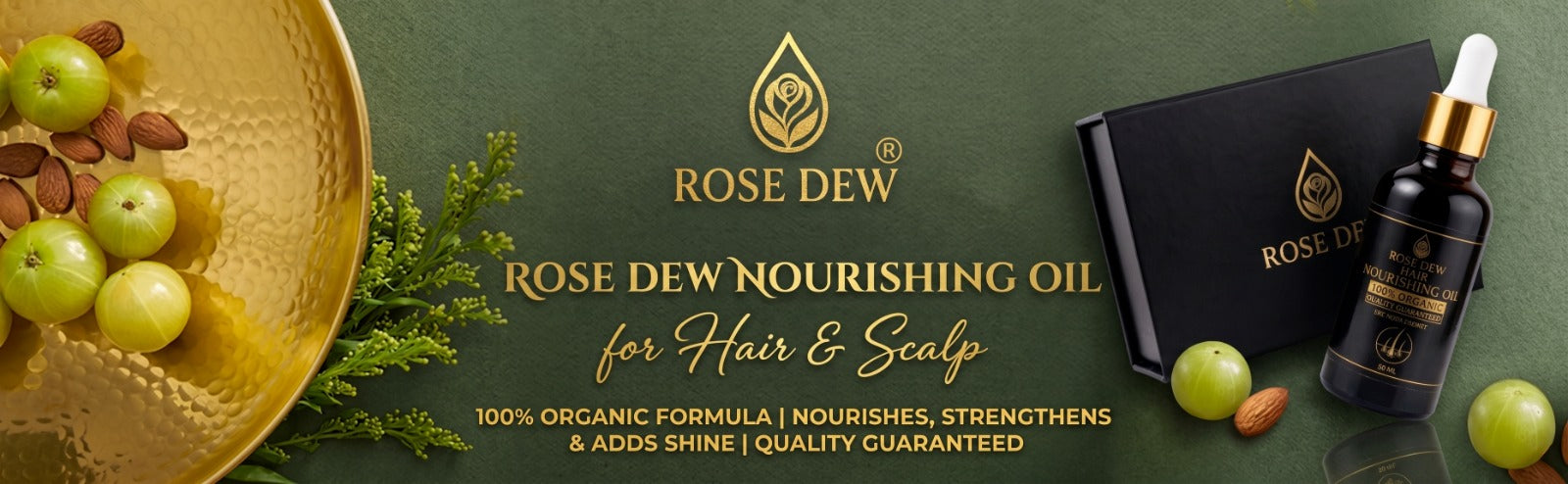 Rose Dew nourishing oil for hair and scalp with a green background