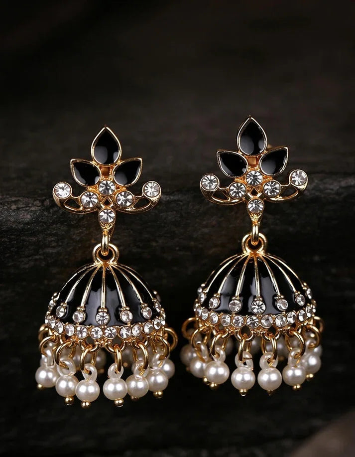 Black Enamel Gold Bell Jhumka Earrings Pearl Fringe Crystal Accents Sarees Lehengas Gifting Rose Dew