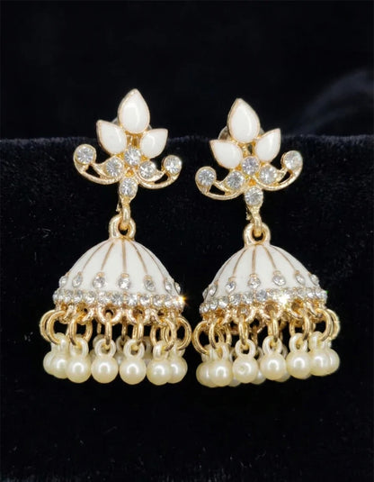 White Enamel Pearl Fringe Crystal Gold Bell Jhumka Earrings
