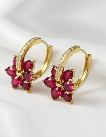 Ruby red faceted stone floral drop earrings gold tone finish — Rose Dew