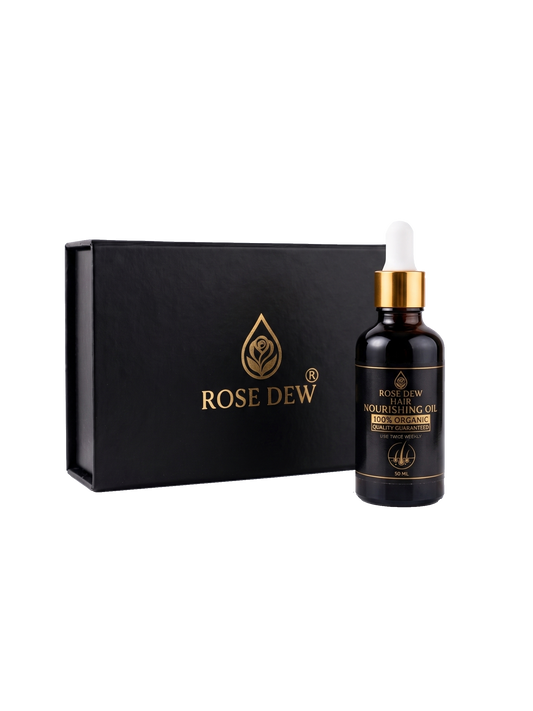 Rose Dew nourishing oil bottle with black box on a white background