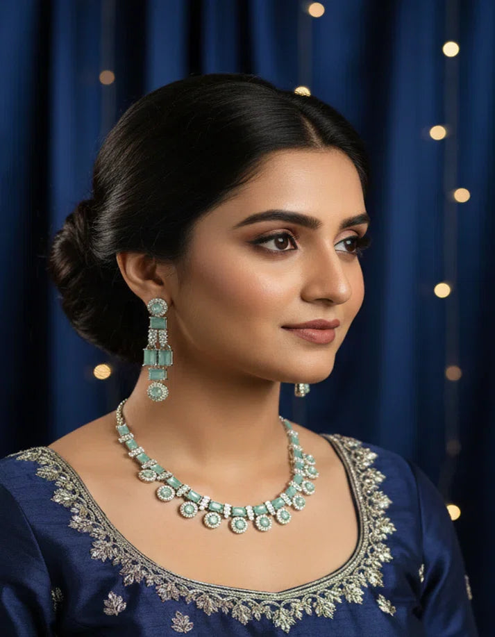 Woman Wearing Aqua Mint Green CZ Geometric Choker Necklace and Earring Set Silver Tone Pakistan