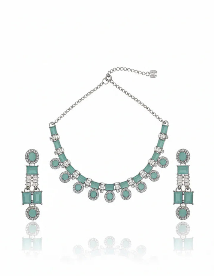 Aqua Mint Green CZ Geometric Choker Necklace and Dangle Earring Set Silver Tone White Background
