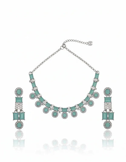 Aqua Mint Green CZ Geometric Choker Necklace and Dangle Earring Set Silver Tone White Background