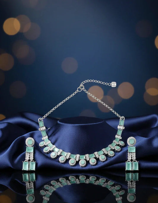 Art Deco Mint Green CZ Rectangular Stone Choker Necklace Detail Silver Tone Rose Dew Pakistan