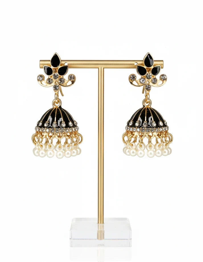 Black Enamel Pearl Fringe Crystal Gold Bell Jhumka Earrings Ethnic Bridal Wedding Jewelry Rose Dew Pakistan