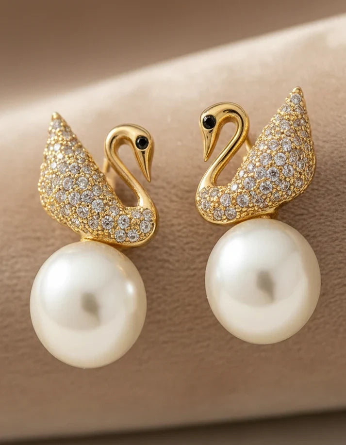 Rose Dew Crystal Pave Swan Pearl Drop Gold Stud Earrings Wedding Gifting Everyday Glamour Pakistan