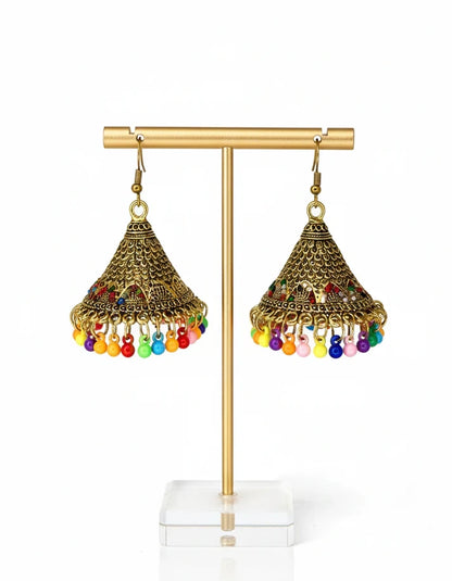 Multicolor Bead Tassel Filigree Antique Gold Jhumka Earrings