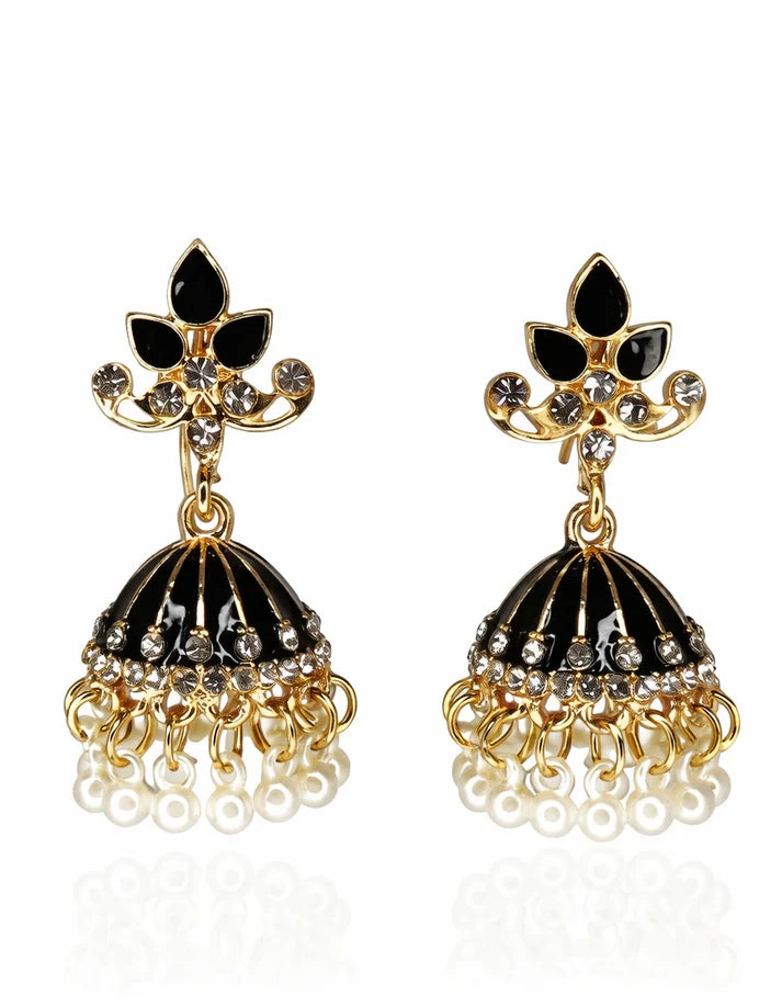 Rose Dew Black Enamel Pearl Fringe Crystal Gold Jhumka Earrings Weddings Festivals Ethnic Wear Pakistan