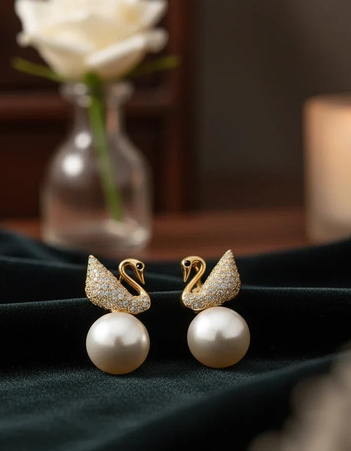 Crystal Pave Swan Pearl Drop Gold Stud Earrings