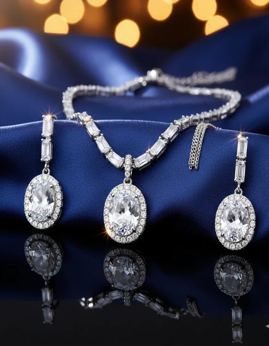 Bride Wearing Classic CZ Diamond Look Bridal Necklace and Earring Set Adjustable Tassel Pakistan