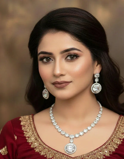 Brilliant Cut CZ Diamond Tennis Necklace with Oval Pave Halo Pendant Bridal Jewelry Pakistan