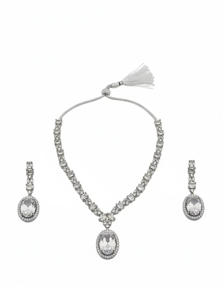 Oval Cut CZ Pave Halo Drop Earrings Classic Diamond Look Bridal Set Pakistan Rose Dew