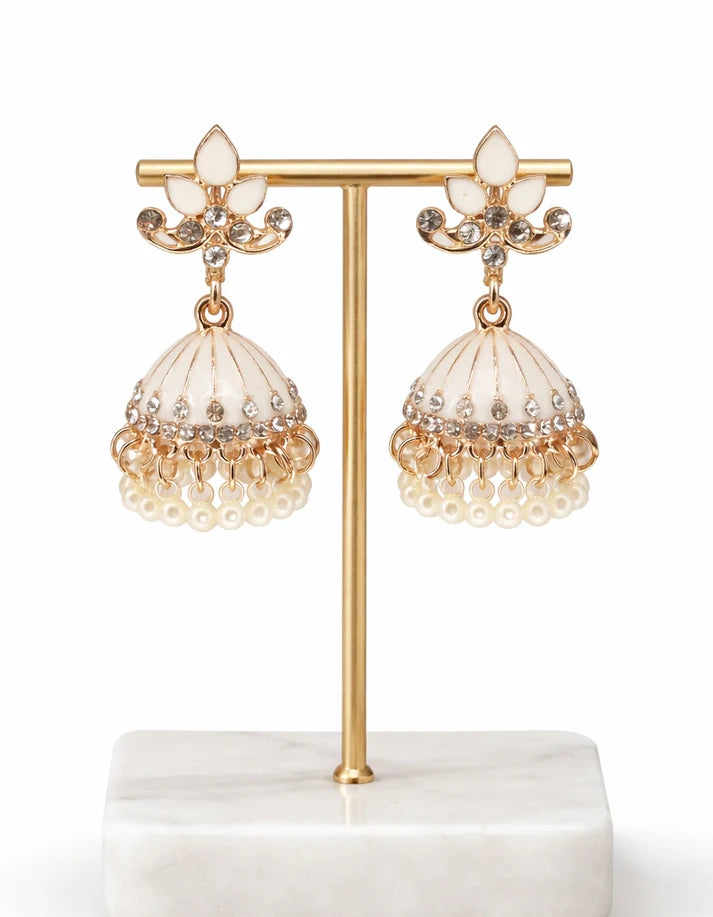 Rose Dew White Enamel Pearl Fringe Crystal Gold Bell Jhumka Earrings Eid Bridal Wear Elegant Pakistan