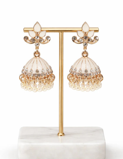Rose Dew White Enamel Pearl Fringe Crystal Gold Bell Jhumka Earrings Eid Bridal Wear Elegant Pakistan