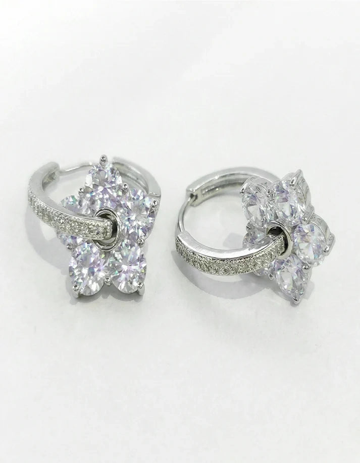 Five Petal Faceted Crystal Floral Drop Earrings Silver Tone Huggie Closure Bridal Evening Wear Rose Dew
