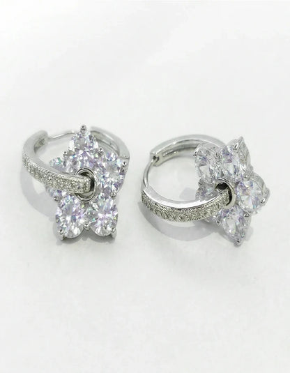 Five Petal Faceted Crystal Floral Drop Earrings Silver Tone Huggie Closure Bridal Evening Wear Rose Dew
