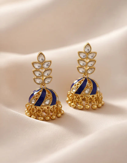 Royal Blue Enamel Crystal Leaf Top Gold Tassel Bell Jhumka Earrings
