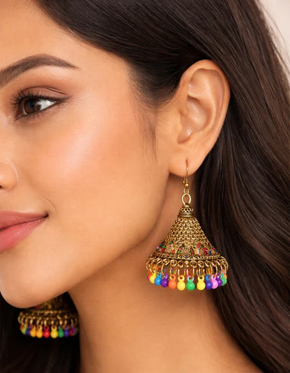 
Rose Dew Multicolor Bead Tassel Antique Gold Jhumka Earrings Mehndi Festival Ethnic Jewelry Pakistan