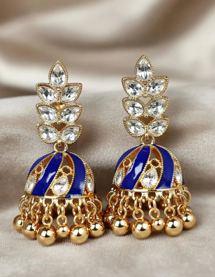 Handcrafted Royal Blue Crystal Gold Tassel Jhumka Earrings Bridal Wedding Festive Jewelry Rose Dew Pakistan