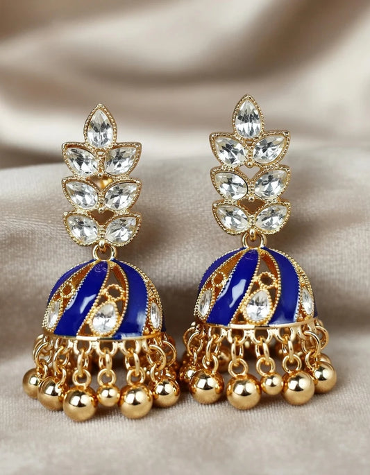 Handcrafted Royal Blue Crystal Gold Tassel Jhumka Earrings Bridal Wedding Festive Jewelry Rose Dew Pakistan