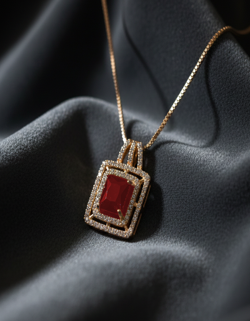 Luxurious Square Red Gemstone Halo Pendant Necklace