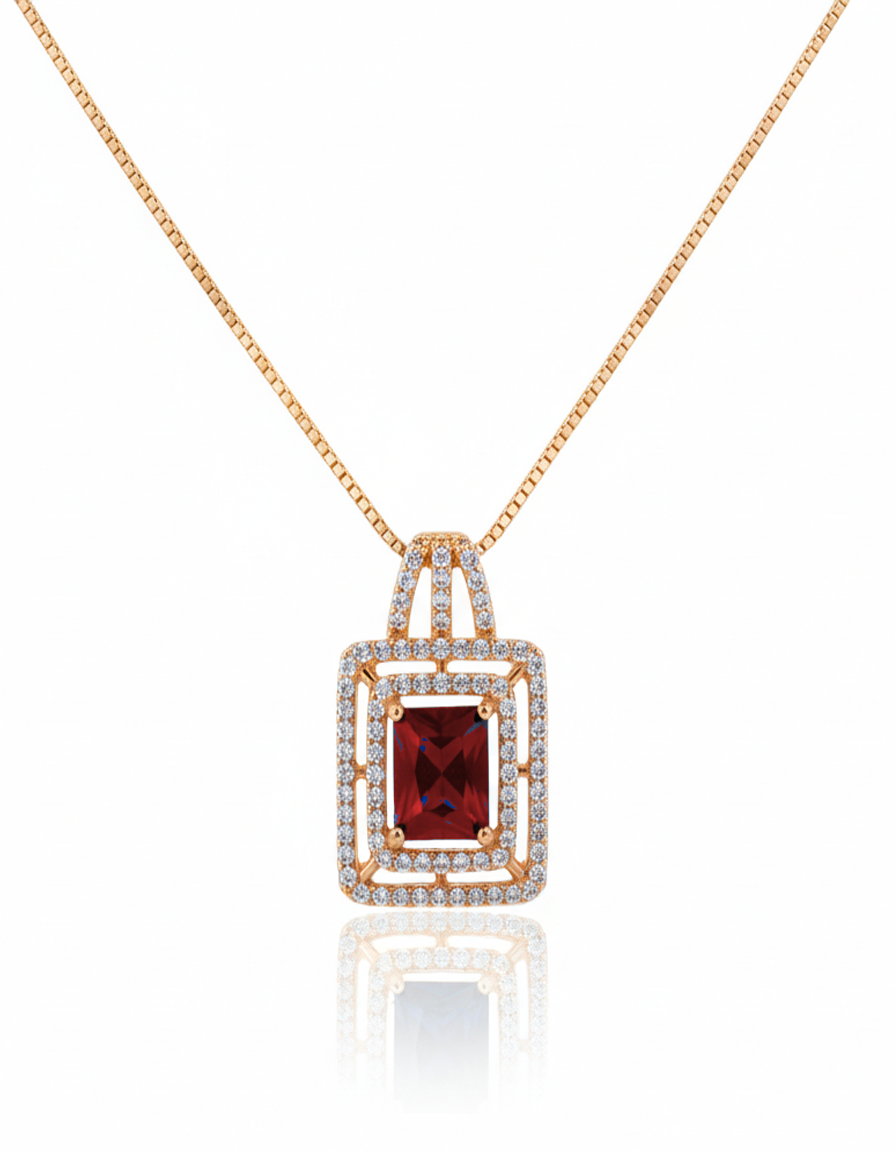Square Ruby Red CZ Double Halo Rose Gold Pendant Necklace
