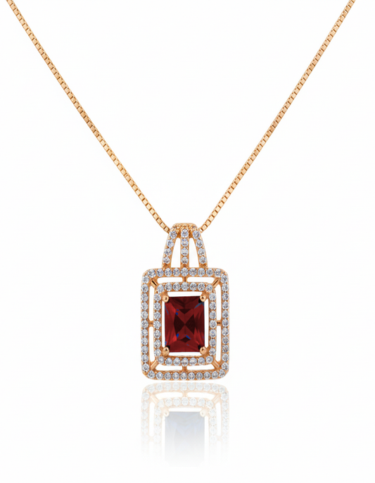 Square Ruby Red CZ Double Halo Rose Gold Pendant Necklace