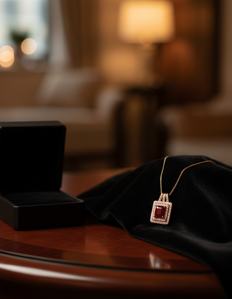 Luxurious Square Red Gemstone Halo Pendant Necklace