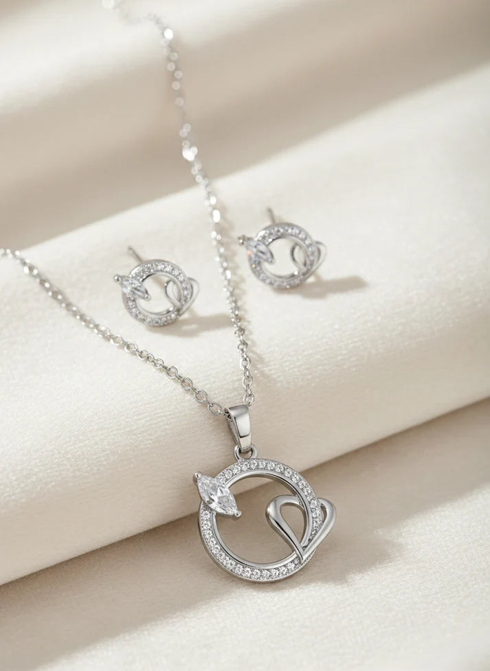 Sterling silver celestial heart necklace and earrings set crystal Rose Dew Pakistan