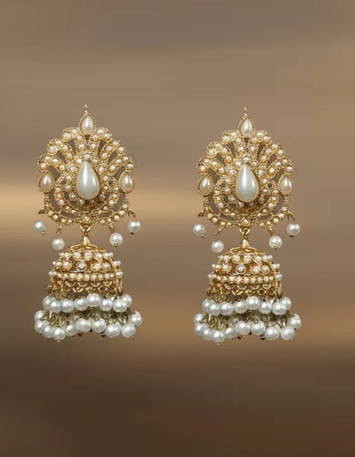 Heavy Pearl Cluster Jhumka Chandbali Earrings Gold Tone for Nikah Walima Pakistan