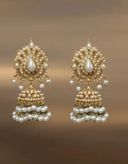 Heavy Pearl Cluster Jhumka Chandbali Earrings Gold Tone for Nikah Walima Pakistan