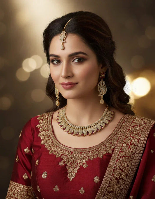 Bride Wearing Complete Red CZ Bridal Jewellery Set with Choker Necklace and Earrings Pakistan