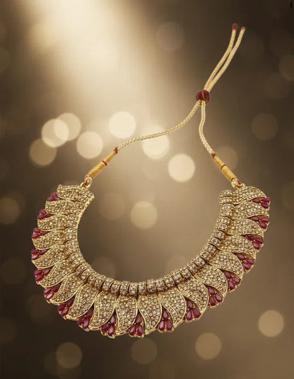 Red Stone CZ Choker Necklace Gold Tone Bridal Set for Nikah Walima Pakistan Rose Dew